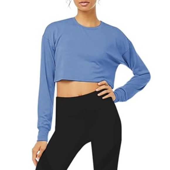 Bestisn Tops - Bestisn Long Sleeve Crop Sweatshirt Top with Thumb Hole Blue